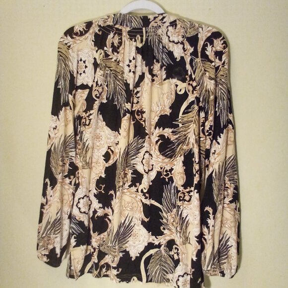 Belle Kim Gravel Blouse Women S Long Sleeve Soft Stretch Pattern Black Tan - Picture 11 of 15